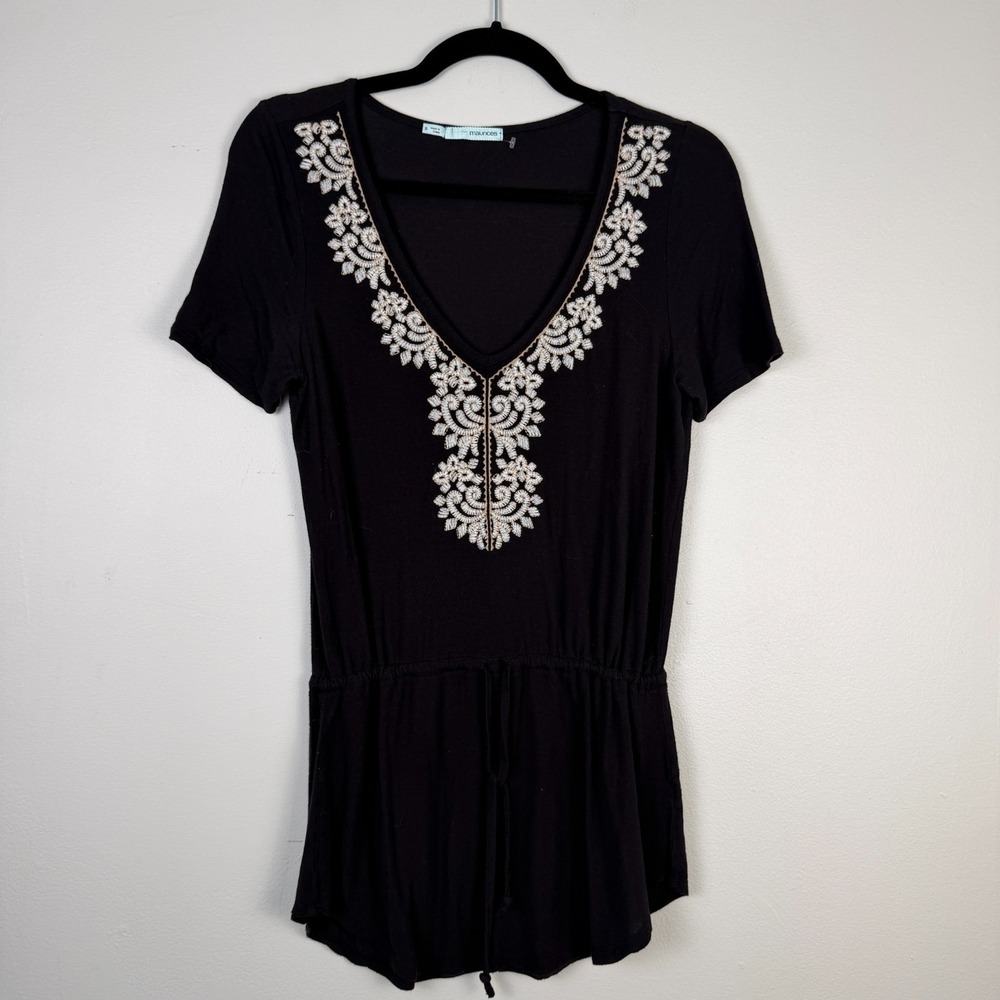 Maurices Tunic Top Women's Small Black Embroidered V-Neck Short Sleeve Tie Waist